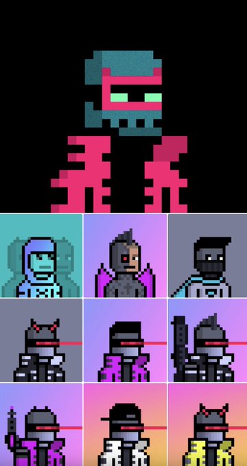 Pixel art featuring a large pink and teal skeletal warrior figure at the top, with a grid of nine smaller character sprites below in various colored backgrounds including warriors, ninjas, and a cat-eared figure.