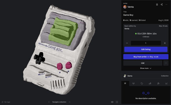 Screenshot of a digital art NFT listing titled 'Game Boy' by Venta, showing a 3D clay-style sculpture of a Nintendo Game Boy alongside listing details including price (5 ETH) and edition info.