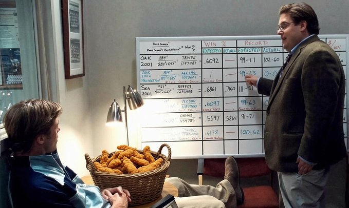 Two men are in an office with a whiteboard displaying baseball statistics for OAK, CWS, and SEA, including win percentages and records; a basket of fried chicken sits on a desk between them.