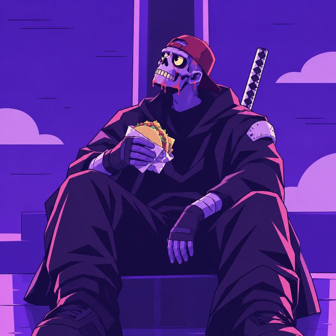 A stylized purple-toned illustration of a skeletal character wearing a red backwards cap, a dark coat, and gloves, sitting on steps and holding a wrapped sandwich, with a sword strapped to their back.