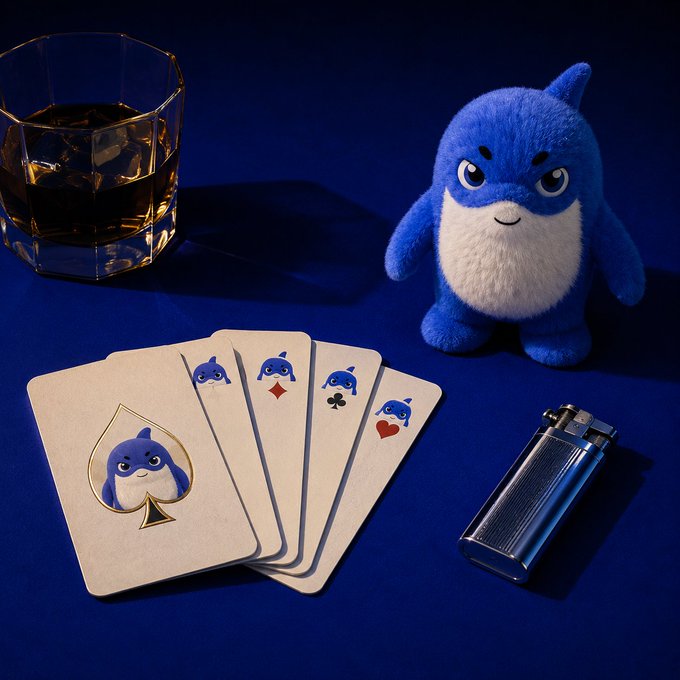 A blue shark-like plushie glares menacingly from behind a hand of playing cards featuring its own likeness (Ace of Spades, plus diamond, club, and heart variants), accompanied by a glass of whiskey and a chrome lighter—all staged on a deep blue backdrop that reinforces the post's poker-faced bravado: "bingo never bluffs."