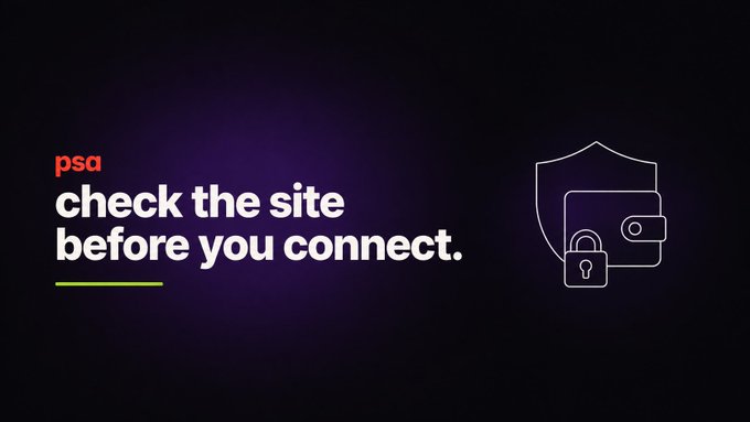 The image is a PSA-style graphic with the text "check the site before you connect," featuring a shield, wallet, and padlock icon on a dark purple background, warning users about verifying website authenticity before connecting their crypto wallets.