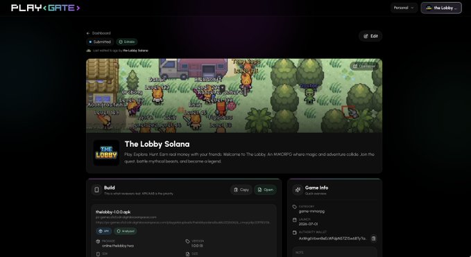 The image shows a "PLAY<GATE" platform listing for "The Lobby Solana," an MMORPG built on Solana where players explore, farm, and battle in a quest to become legends, featuring pixel-art gameplay footage and game info with Autocrat as game-mmrpgg and a Twitter handle @playsolana. This directly aligns with the "LFG @playsolana" post by showcasing the Solana-based gaming project.