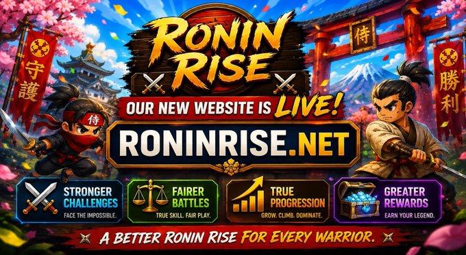 The image features a poster for a new website called RoninRise.net, which has been launched with a special event or milestone. The poster includes two cartoon characters, one of whom is holding a sword while another character is holding a shield. The background of the poster displays a castle and a dragon, adding to the overall theme of the website. The text on the poster announces that RoninRise.net is now live and invites users to "Focus on what is in the image and how it relates to the post".