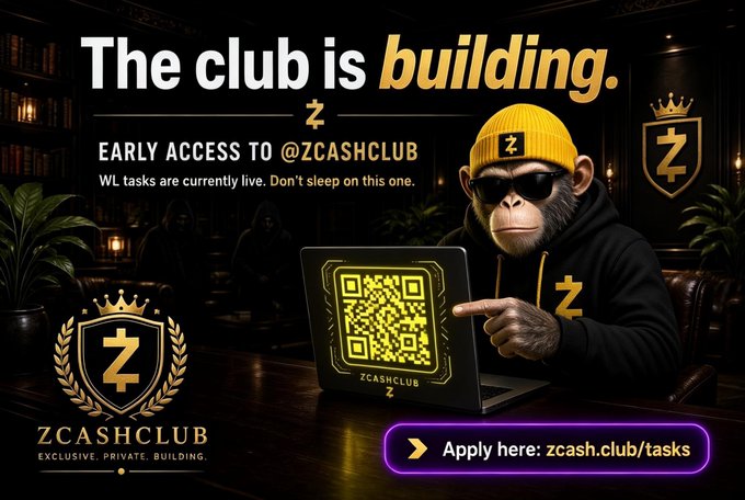ZcashClub advertisement showing a monkey in a yellow beanie holding a tablet with QR code, text reading 'The club is building' and 'Apply here: zcash.club/tasks'.