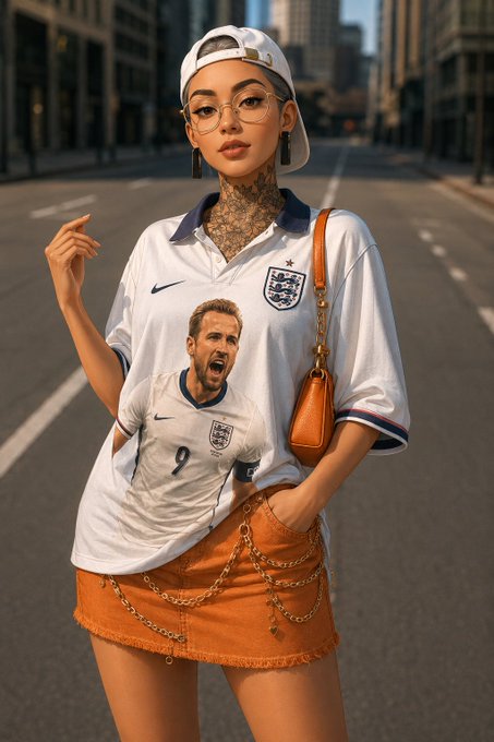 A young woman with neck tattoos, glasses, and a white cap poses on a city street wearing an oversized England football jersey featuring Harry Kane (#9), paired with an orange skirt and tan handbag.