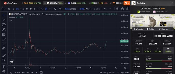 The image displays a Dexscreener chart for the CASH/WETH trading pair of the CashCat (CASHCAT) token on Uniswap, showing a current price of 0.1340 with a 6.75% increase, alongside token statistics like $6.5M liquidity and $192.9M FDV. The chart's upward price movement, paired with the meme featuring a cat labeled "Cash Cat," directly reinforces the post's playful caption "there's still more cash for the cat," highlighting the token's bullish momentum.