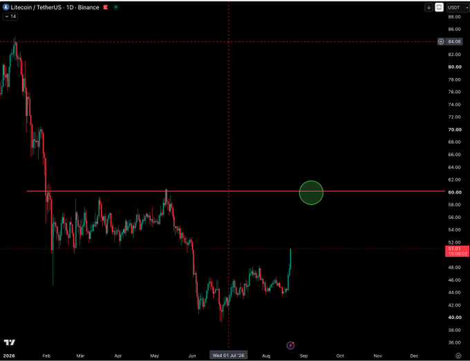 A daily Litecoin/TetherUS (LTCUSDT) candlestick chart on Binance shows the price consolidating around $52 after a sharp drop from ~$85 in early February, with a horizontal resistance line drawn near $60 and a highlighted green circle marking the target zone the post is asking about.