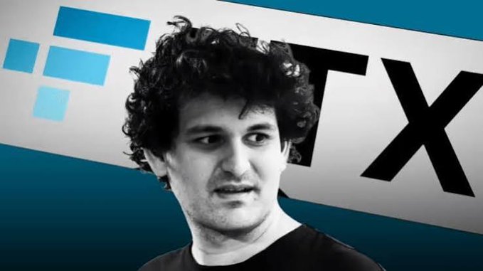 A black and white portrait of FTX founder Sam Bankman-Fried superimposed over the blue and white FTX company logo.
