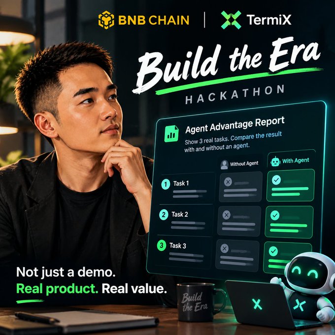 A promotional graphic for the BNB Chain and TermiX 'Build the Era' Hackathon, featuring a man thinking beside an 'Agent Advantage Report' interface comparing tasks with and without an agent.