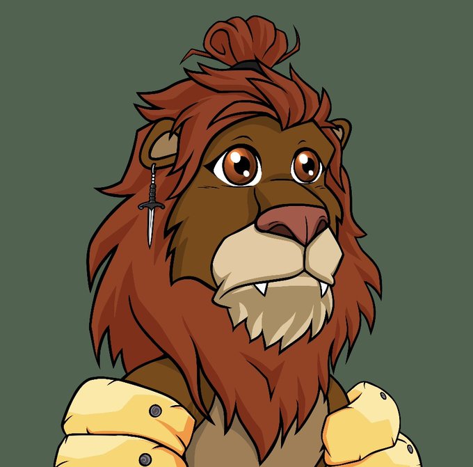 A digital illustration depicts an anthropomorphic lion character with a brown mane and large expressive eyes, wearing a yellow puffer jacket and a small sword earring.