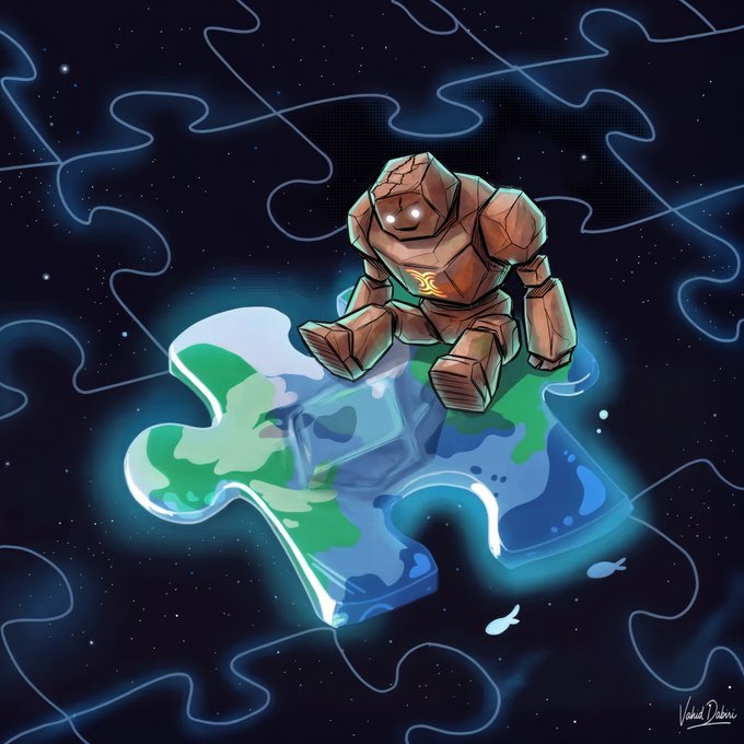 A digital illustration shows a stone golem sitting on a puzzle piece shaped like Earth, floating in a starry space background with fish swimming nearby.