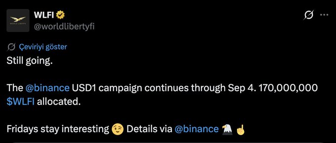 A tweet from WLFI (@worldlibertyfi) announces an extension of their Binance USD1 campaign through September 4, with 170,000,000 $WLFI tokens allocated, playfully suggesting "Fridays stay interesting." The accompanying post confirms the airdrop period has been extended and speculates whether this marks a new campaign or another extension of the existing one.