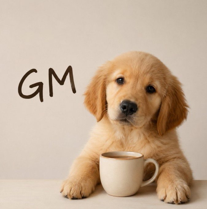 An adorable golden retriever puppy sitting behind a coffee mug with the text 'GM' written on the cream background.