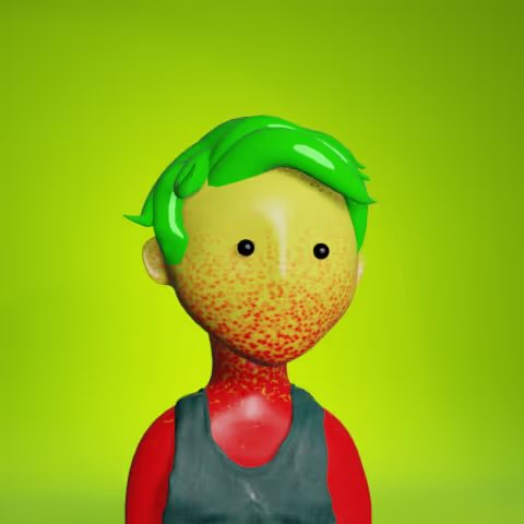 A 3D-rendered cartoon character with bright green hair, a freckled yellow-toned face, and a teal tank top stands against a vibrant green background. The character appears to be a mascot or avatar likely tied to the giveaway promotion for the first 100 EVM wallets following @kokocodes and @MRNFT_X.