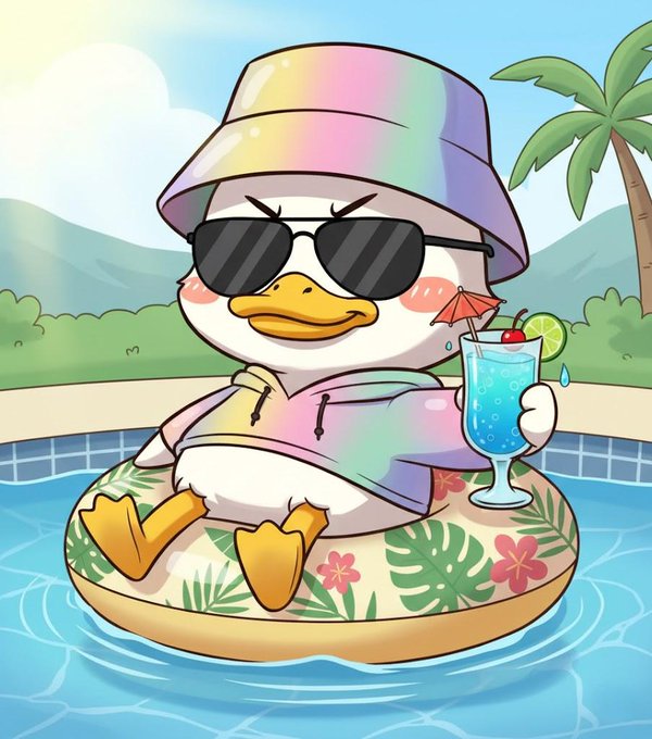 A cartoon duck wearing a rainbow bucket hat, sunglasses, and a rainbow hoodie floats in a swimming pool on a floral inner tube while holding a blue tropical drink.