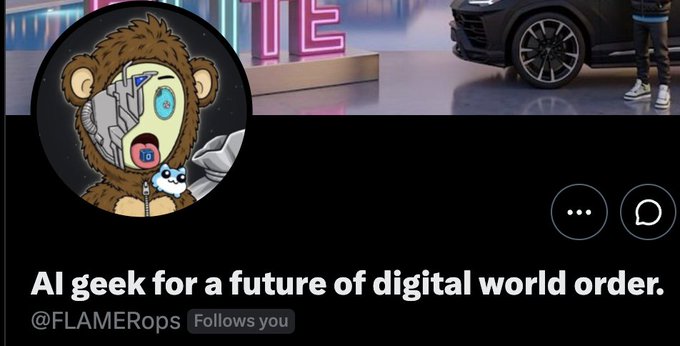 A social media post shows a cartoon monkey avatar holding a megaphone, with the text “AI geek for a future of digital world order.” and the handle “@FLAMERops.”