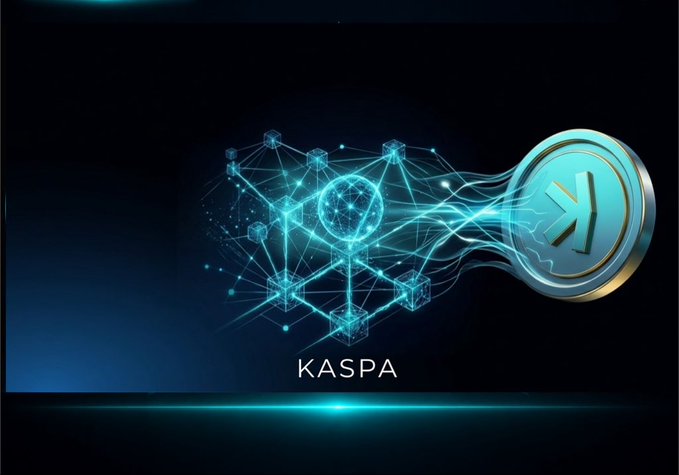 A futuristic digital rendering shows the Kaspa cryptocurrency logo (a teal "K" inside a glowing coin) connected to a network of illuminated geometric nodes and lines against a dark background, with "KASPA" displayed below. The imagery of interconnected blockchain nodes visually represents the Toccata hardfork's transformation of Kaspa's BlockDAG network into a programmable Layer-1 with ZK verification capabilities.