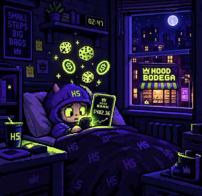 A pixel art illustration shows a hooded character labeled 'H5' in bed at 2:47, looking at a phone displaying 'HOOD BANK $482.36', with dice and dollar signs floating nearby and a 'HOOD BODEGA' shop visible through the window.