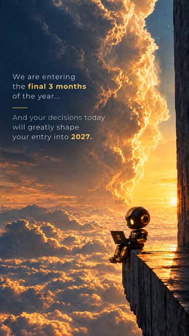 An inspirational graphic showing a robot sitting on a ledge above the clouds using a laptop, with text that reads: 'We are entering the final 3 months of the year... And your decisions today will greatly shape your entry into 2027.'