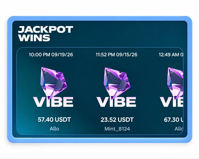 A digital 'JACKPOT WINS' leaderboard displays three recent winners with purple gem icons labeled 'VIBE', showing amounts of 57.40 USDT, 23.52 USDT, and 67.30 USDT.