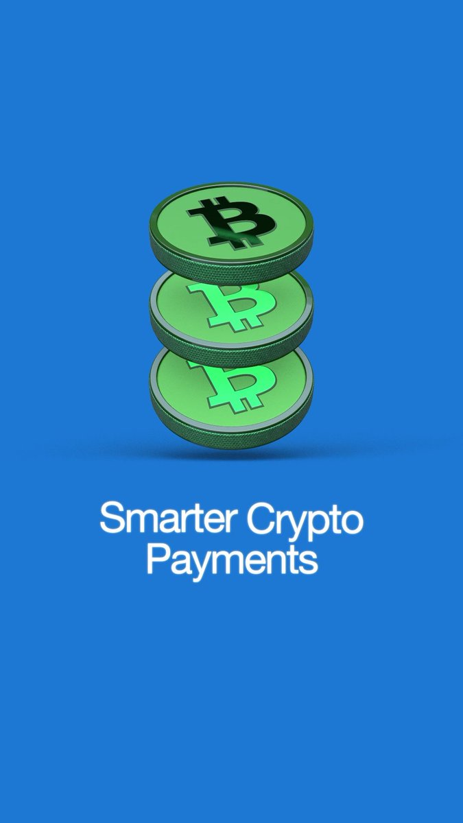 A 3D illustration shows a stack of three green Bitcoin coins on a blue background with the text 'Smarter Crypto Payments.'