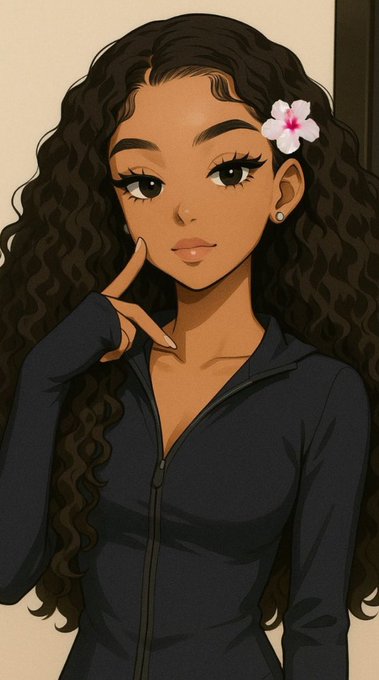An illustrated portrait of a young woman with long curly dark hair, a white and pink flower tucked behind her ear, wearing a black zip-up jacket.