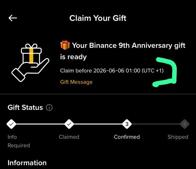 The image shows a message from someone named @binance 9Y, who has sent a text message about a gift they are sending for their 9th anniversary. The message includes a picture of a hand holding a gift box with a yellow ribbon on top. The text in the message reads "Claim Your Gift", and it also mentions that the gift is ready to be claimed.