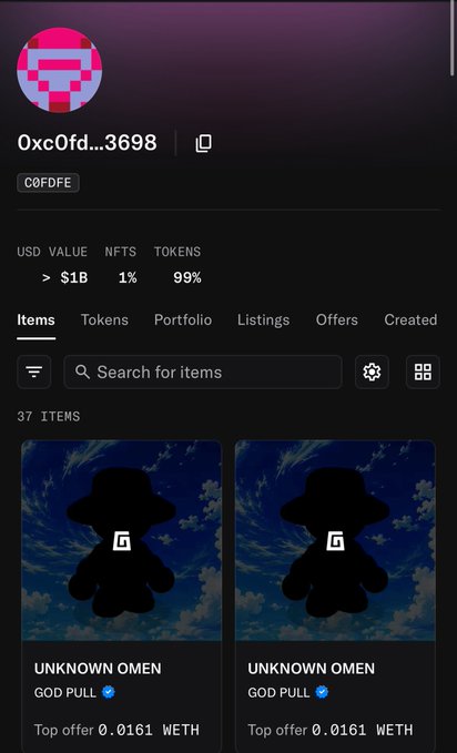 Mobile NFT marketplace profile for wallet '0xc0fd...3698' showing 37 items, including two identical 'UNKNOWN OMEN GOD PULL' listings with a top offer of 0.0161 WETH.