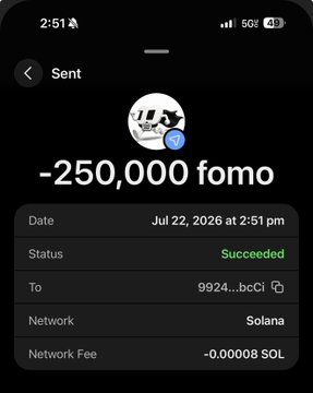 The image shows a screenshot of a Sent transaction confirmation for a transfer of -250,000 fomo (likely the meme token "fomo") to wallet address 9924...bcCi on the Solana network, which successfully sent on July 22, 2026, with a network fee of -0.00008 SOL—visually confirming the claimed loading of fomo tokens into the wallet mentioned in the post.