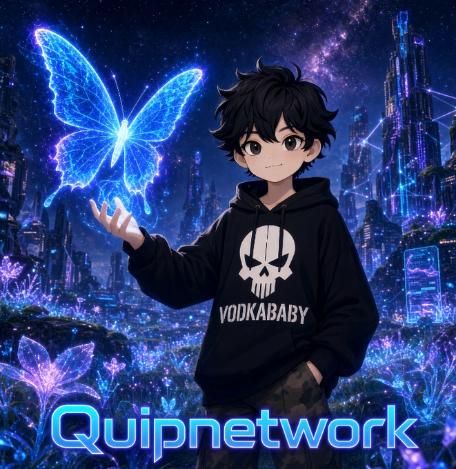 An anime-style illustration features a young boy in a black 'VODKABABY' hoodie interacting with a glowing blue butterfly against a futuristic, neon-lit cityscape, with 'Quipnetwork' written in stylized text below.