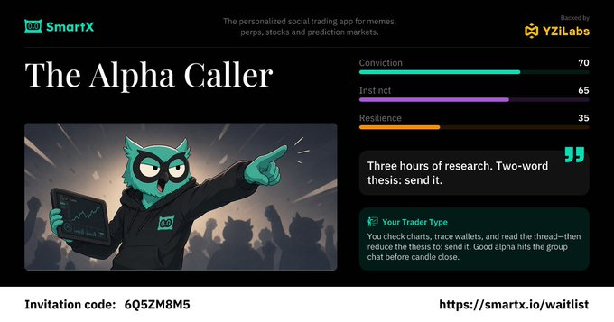 A 'SmartX' app profile for 'The Alpha Caller' displaying stats (Conviction 70, Instinct 65, Resilience 35), a cartoon owl mascot pointing while holding a chart, with a quote about research and trading, and an invitation code '6Q5ZM8M5'.