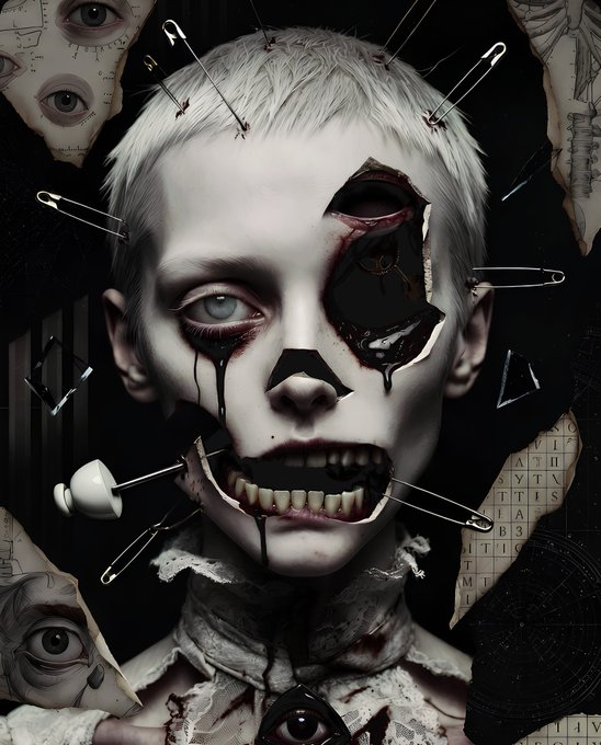 A dark, surreal portrait of a pale figure with a damaged face, pinned with safety pins, featuring a wide sinister grin with sharp teeth and bleeding eyes, surrounded by collage-like elements.