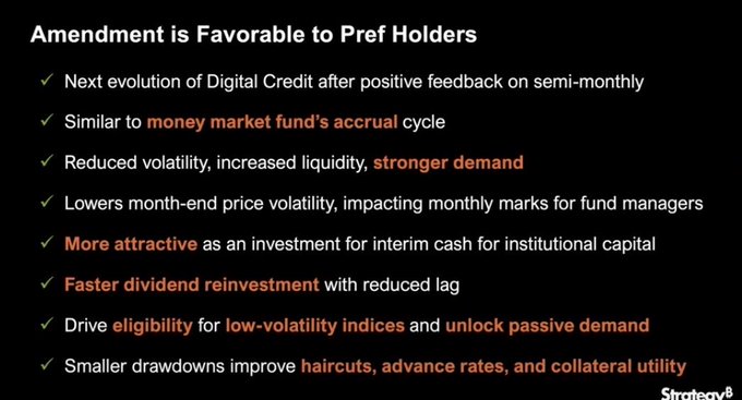 A presentation slide titled 'Amendment is Favorable to Pref Holders' detailing benefits for preferred holders including reduced volatility, increased liquidity, and stronger demand, attributed to Strategy8.