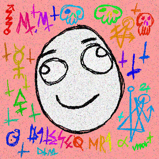 A hand-drawn digital doodle of a large smiling face centered on a pink speckled background, surrounded by colorful graffiti-like symbols including stars, skulls, stick figures, and the word 'MR' along the bottom.