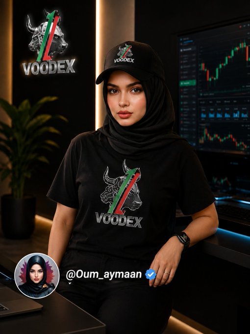 A promotional image featuring a woman wearing a hijab and a black 'VOODEX' t-shirt with a bull logo, with the username @Oum_aymaan displayed.