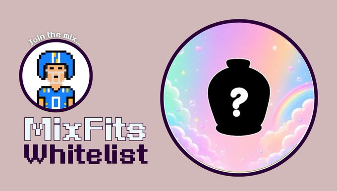A promotional graphic for 'MixFits Whitelist' featuring a pixel art character in a football helmet and a silhouetted potion bottle with a question mark against a pastel rainbow background.