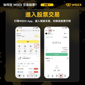 A tutorial-style infographic titled "如何在 WEEX 交易股票?" (How to trade stocks on WEEX?) showing "步驟1" (Step 1) with instructions to "進入股票交易" (Enter stock trading) by opening the WEEX App, navigating to spot trading, and switching to stock token mode, featuring two smartphone screenshots demonstrating the process and highlighting the SPCX ticker. The image directly supports the post's guidance by visually walking them through the app navigation steps to access US stock tokens on WEEX.