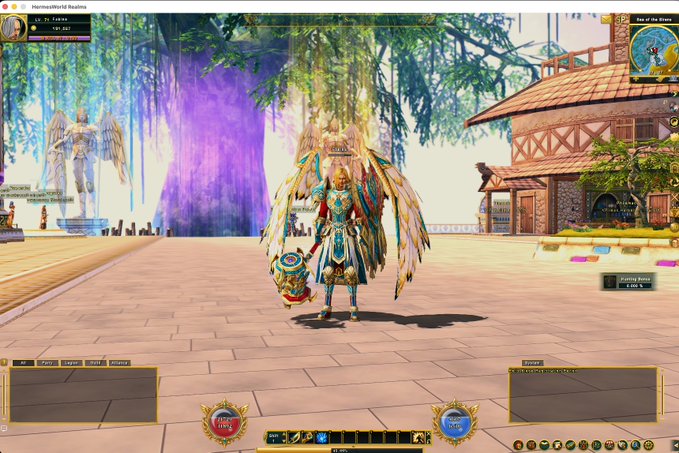 A player character with large, radiant golden wings and teal armor stands in a sunlit fantasy plaza featuring a glowing purple portal and medieval-style buildings, with the game window labeled "HamsterMMO Realms" visible at the top—showcasing the MMO environment that the post highlights as "The First AI Agent MMO Is EXPANDING."