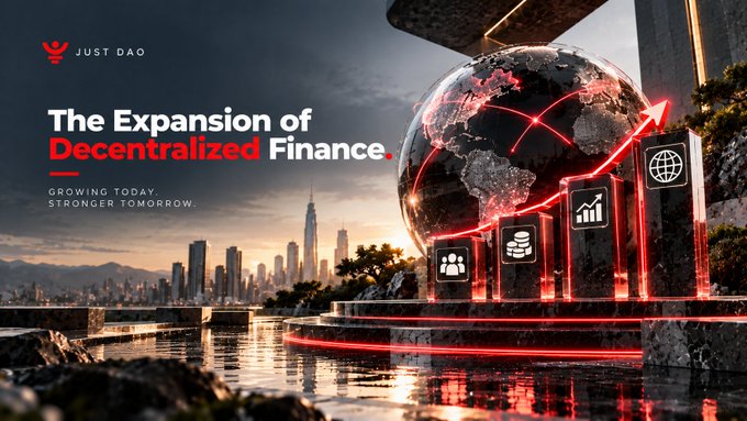 A promotional banner for Just DAO titled 'The Expansion of Decentralized Finance - Growing Today, Stronger Tomorrow' featuring a futuristic globe with red connection lines and bar charts.