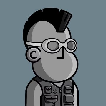 A grayscale cartoon character with a mohawk, swim goggles, and a tactical vest stands against a gray-blue background.