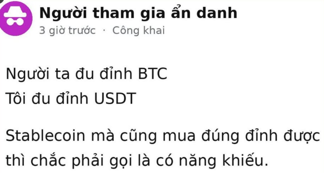 A Vietnamese post by an anonymous user titled "Người tham gia ẩn danh" jokes about crypto losses, stating "Người ta đu đỉnh BTC, Tôi đu đỉnh USDT - Stablecoin mà cũng mua đúng đỉnh được thì chắc phải gọi là có năng khiếu" (translated: "Others lost on BTC peaks, I lost on USDT peak — managing to buy a stablecoin at the top really must be a talent"), complementing the accompanying post's lament about "double losses" (đu cả USDT đu thêm cả BTC) with self-deprecating humor about buying USDT at its peak.