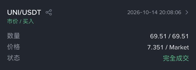 Cryptocurrency exchange order confirmation in Chinese showing a completed UNI/USDT market buy order of 69.51 UNI at price 7.351 on October 14, 2026, with status marked as '完全成交' (fully executed).