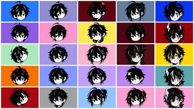 A grid of 25 cartoon/anime-style character headshots with messy black hair, each displayed against a different vibrant solid background color.