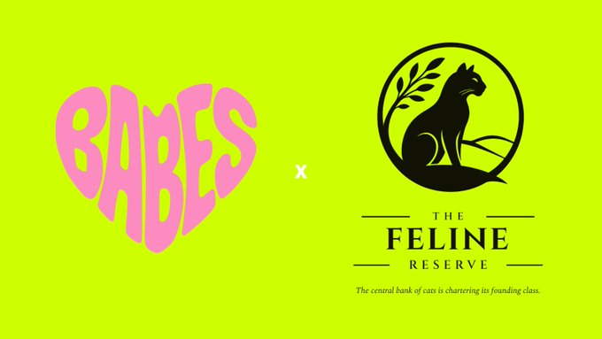 A pink "BABES" heart logo and a black cat emblem for "The Feline Reserve" are displayed side by side on a lime green background, separated by an "x" to indicate a collaboration between the two brands. The image visually represents the post's announcement that Babes is minting Robinhood NFTs with spots provided by The Feline Reserve.