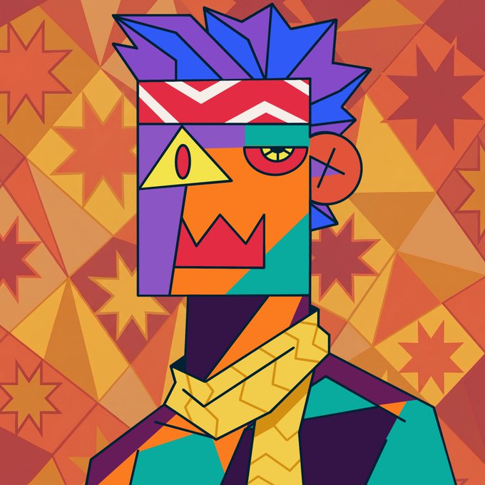 A vibrant cubist-style digital illustration features a geometric portrait of a character with spiky blue and purple hair, a triangular yellow nose, mismatched eyes, and a zigzag-patterned yellow scarf against an orange star-patterned background, visually promoting the NFT giveaway announcement.