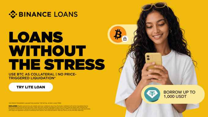A Binance Loans advertisement featuring a smiling woman with sunglasses on her head using a smartphone, promoting "Loans Without The Stress" with BTC as collateral and no price-triggered liquidation, offering users the ability to borrow up to 1,000 USDT through their new Lite Loan product.
