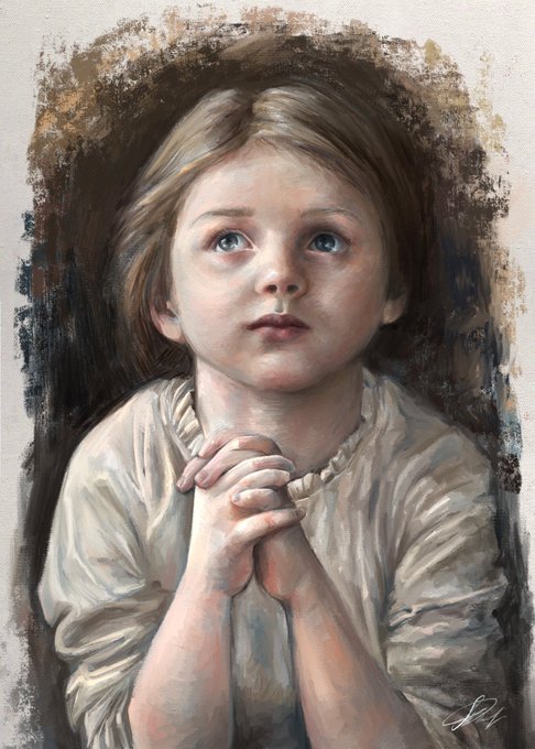A portrait painting of a young child with light brown hair, hands clasped together in prayer, gazing upward with large eyes, wearing a cream-colored garment.