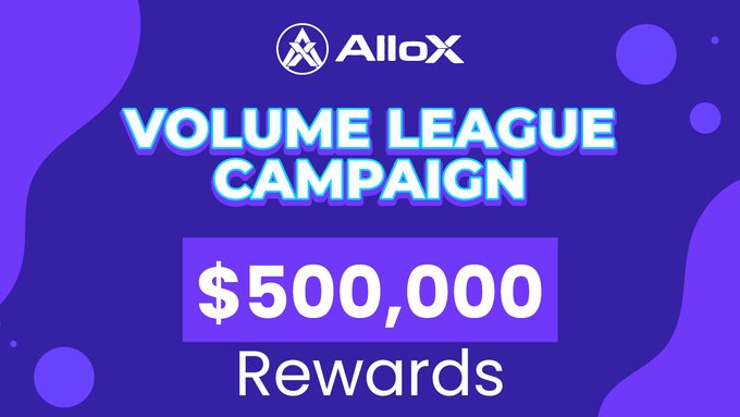 Promotional graphic for AlloX's 'Volume League Campaign' advertising $500,000 in rewards on a purple background.