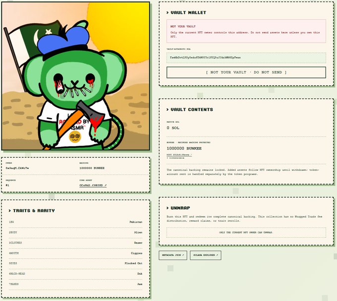 Screenshot of a crypto/NFT profile page showing a green cartoon monkey character wearing a 'Backed by BONKSMR' shirt, with sections for 'Vault Wallet', 'Vault Contents', 'Traits & Rarity', and 'Unwrap', indicating a token value of 1000000 BUNKEE.